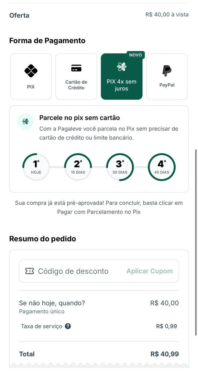 Checkout da Cakto com a opção PIX 4x sem juros e as parcelas de hoje, 15, 30 e 45 dias