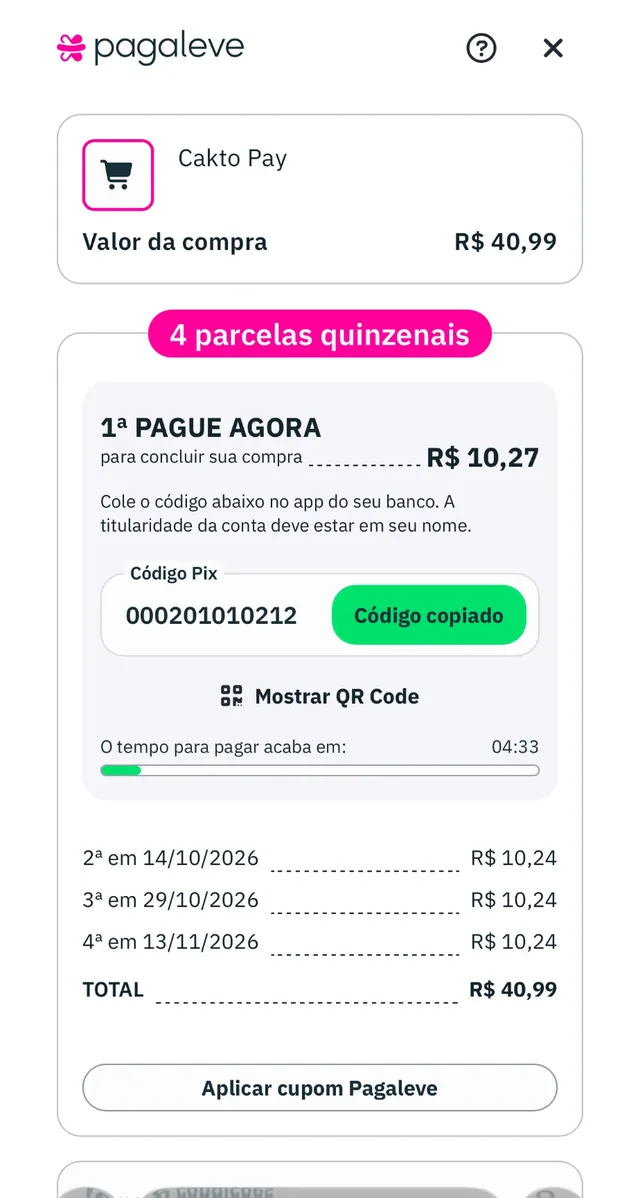 Página da Pagaleve com a compra de R$ 40,99 dividida em 4 parcelas quinzenais e o código Pix da primeira